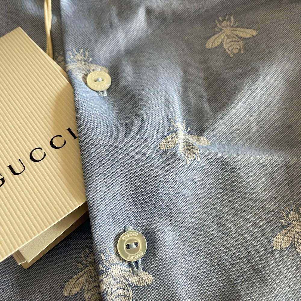 Gucci Blue Button Down Shirt with Bee Embroidery